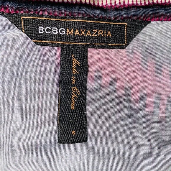 BCBG Maxazria Women's Small  S Pink Black Taupe Gray Abstract Faux Wrap Top - Picture 7 of 8